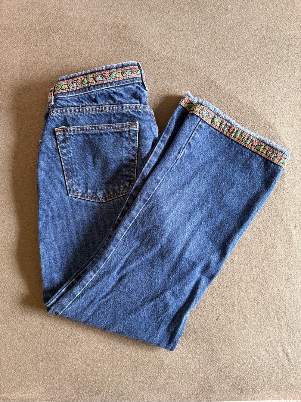 Old Navy Women's Blue Straight-Leg Jeans with Embroidered Trim